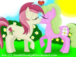 Size: 600x454 | Tagged: artist:sarahskunky, daisy, derpibooru import, female, flower wishes, heart, kissing, lesbian, roseluck, rosewishes, safe, shipping