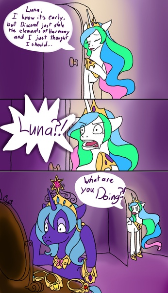 Size: 1500x2598 | Tagged: artist:uber-kitten, big crown thingy, comic, derpibooru import, elements of harmony, princess celestia, princess luna, safe