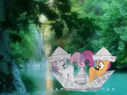 Size: 600x450 | Tagged: safe, artist:paris7500, derpibooru import, scootaloo, sweetie belle, pony, hat, image, irl, jpeg, paper boat, paper hat, photo, ponies in real life, river, this will end in tears, vector
