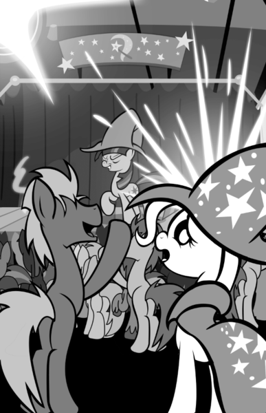 Size: 547x847 | Tagged: artist:bronycurious, derpibooru import, monochrome, preview, recovery, safe, stage, trixie, twilight sparkle