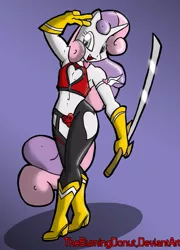 Size: 503x698 | Tagged: anthro, armband, armpits, artist:theburningdonut, boots, costume, cutie honey, derpibooru import, katana, nightmare night, safe, sweetie belle, sword, weapon