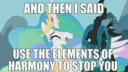 Size: 1024x576 | Tagged: safe, derpibooru import, edit, edited screencap, screencap, princess celestia, queen chrysalis, alicorn, changeling, changeling queen, pony, duo, eyes closed, female, horn, image macro, laughing, mare, open mouth, spread wings, thread, wings