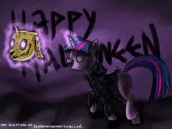 Size: 1332x1000 | Tagged: artist:hereticalrants, clothes, costume, derpibooru import, eyes closed, halloween, magic, safe, skull, solo, twilight sparkle