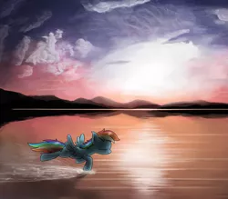 Size: 2181x1908 | Tagged: artist:pterocorn, derpibooru import, lake, rainbow dash, safe, solo, sunrise