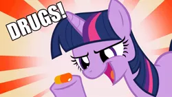 Size: 1024x576 | Tagged: safe, derpibooru import, twilight sparkle, pony, unicorn, abstract background, caption, drugs, female, hoof hold, image macro, mare, open mouth, pills, smiling, solo, text