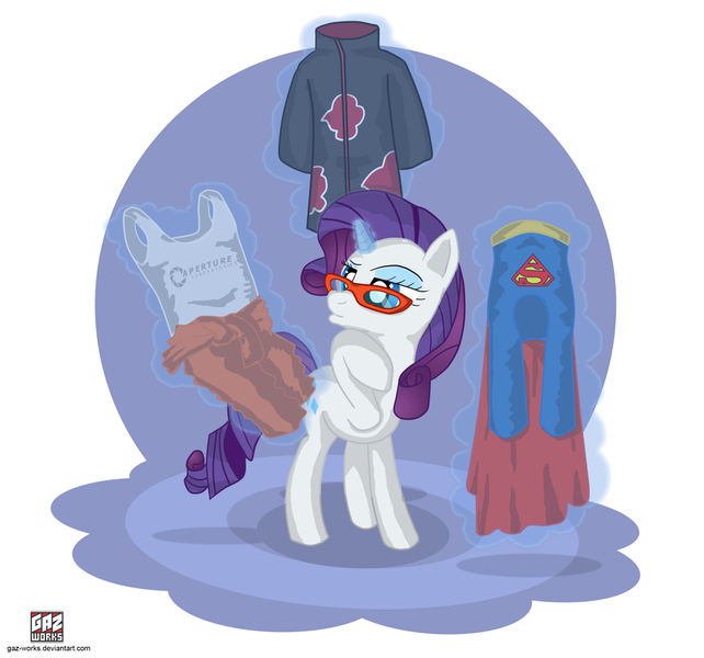 Size: 2892x2703 | Tagged: dead source, safe, artist:gaz-works, derpibooru import, rarity, pony, unicorn, abstract background, akatsuki, clothes, costume, glasses, magic, naruto, portal (valve), solo, superman, telekinesis