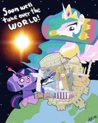 Size: 600x750 | Tagged: artist:alfa995, derpibooru import, katamari damacy, king of all cosmos, monuments, parody, princess celestia, safe, twilight sparkle, world