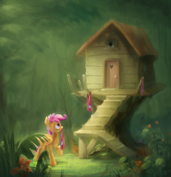 Size: 3850x4000 | Tagged: safe, artist:ifoldbooks, derpibooru import, scootaloo, pegasus, pony, broken window, cape, clothes, clubhouse, cmc cape, crusaders clubhouse, mouth hold, older, solo