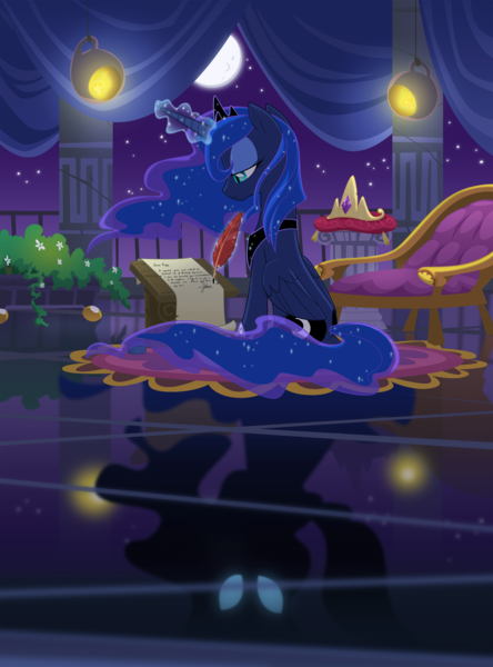 Size: 2400x3240 | Tagged: safe, artist:equestria-prevails, derpibooru import, princess luna, alicorn, pony, chair, crown, female, flower, flowing mane, glowing eyes, glowing horn, glowing mane, light, mare, moon, night, night sky, plant, quill, rug, scroll, sky, solo, stars