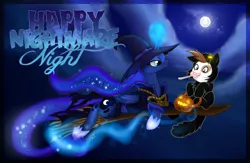 Size: 1800x1175 | Tagged: safe, artist:carykaiba, derpibooru import, pipsqueak, princess luna, alicorn, earth pony, pony, broom, candy, clothes, costume, flying, flying broomstick, full moon, halloween, hat, moon, night, nightmare night, sitting, smiling, witch, witch hat