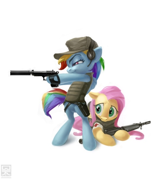 Size: 900x1029 | Tagged: safe, artist:minibot-1, derpibooru import, fluttershy, rainbow dash, pegasus, pony, bipedal, clothes, female, gun, mare, simple background, weapon, white background