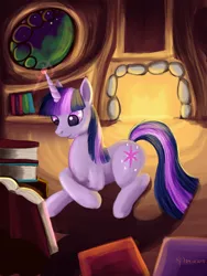 Size: 1200x1600 | Tagged: safe, artist:dalagar, derpibooru import, twilight sparkle, pony, unicorn, book, female, reading, solo, unicorn twilight