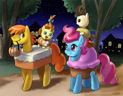 Size: 1150x897 | Tagged: artist:johnjoseco, carrot cake, costume, cup cake, derpibooru import, halloween, mouth hold, ponies riding ponies, pound cake, pumpkin bucket, pumpkin cake, safe, the cakes, trick or treat