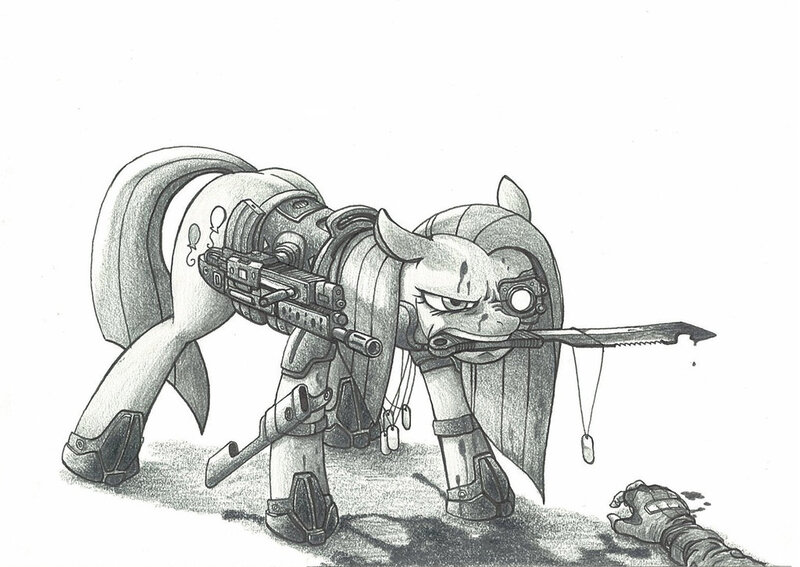 Size: 1024x726 | Tagged: grimdark, artist:george5408, derpibooru import, pinkie pie, earth pony, human, pony, blood, dog tags, female, gun, knife, mare, monochrome, pinkamena diane pie, weapon