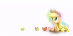 Size: 900x450 | Tagged: apple, applejack, artist:yikomega, cute, derpibooru import, filly, safe, sitting, solo, younger