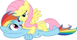 Size: 10550x5511 | Tagged: suggestive, artist:flutterguy317, derpibooru import, fluttershy, rainbow dash, absurd resolution, bedroom eyes, female, flutterdash, lesbian, lip bite, shipping, show accurate, simple background, transparent background, vector