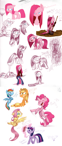 Size: 900x2116 | Tagged: angry, applejack, artist:kiki-kit, balloon, clothes, derpibooru import, facial expressions, filly, fluttershy, knife, pinkamena diane pie, pinkie pie, rainbow dash, safe, sketch dump, twilight sparkle