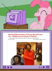 Size: 563x770 | Tagged: safe, derpibooru import, pinkie pie, pony, botched ecce homo, exploitable meme, meme, tv meme