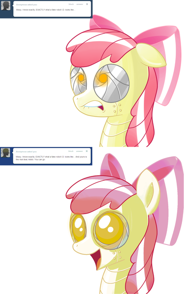 Size: 1280x2050 | Tagged: apple bloom, apple bloom bot, artist:ls820720, ask, ask apple bloom bot, derpibooru import, happy, nervous, robot, safe, tumblr