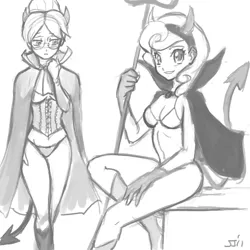 Size: 900x900 | Tagged: artist:johnjoseco, breasts, carrot top, costume, derpibooru import, devil costume, devil horns, female, females only, glasses, golden harvest, grayscale, human, humanized, monochrome, nightmare night, raven, suggestive, writing desk