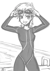Size: 650x912 | Tagged: artist:johnjoseco, derpibooru import, goggles, grayscale, human, humanized, monochrome, rainbow dash, safe, solo, swimmer, wetsuit