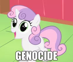 Size: 670x567 | Tagged: derpibooru import, dissonant caption, genocide, happy, image macro, murder, one word, open mouth, safe, smiling, solo, sweetie belle, text