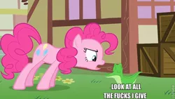 Size: 640x362 | Tagged: caption, derpibooru import, edit, edited screencap, gummy, gummy doesn't give a fuck, image macro, look at all the fucks i give, no fucks, party of one, pinkie pie, safe, screencap, vulgar