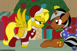 Size: 3600x2400 | Tagged: safe, artist:template93, derpibooru import, oc, oc:star sparkler, oc:ticket, unofficial characters only, alicorn, pony, alicorn oc, christmas, female, hearth's warming eve, male, shipping, show accurate, straight, ticketsparkler