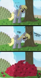 Size: 653x1223 | Tagged: safe, artist:crackernut, derpibooru import, derpy hooves, pegasus, pony, apple, applebucking, comic, female, mare