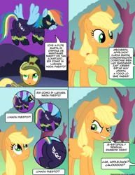Size: 900x1165 | Tagged: applejack, artist:gameboysage, clothes, comic, costume, derpibooru import, dialogue, nightmare night, nothing at all, rainbow dash, safe, shadowbolt dash, shadowbolts, shadowbolts costume, spanish, stupid sexy rainbow dash, the simpsons, translation