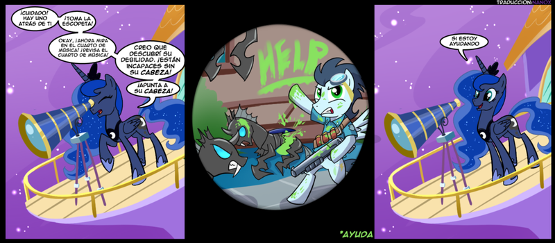 Size: 1024x448 | Tagged: semi-grimdark, artist:madmax, derpibooru import, princess luna, soarin', alicorn, changeling, pegasus, pony, amputee, balcony, bipedal, blood, blood writing, comic, dead, exploitable meme, female, green blood, gun, implied decapitation, luna is friggen useless, male, mare, meme, raised hoof, shotgun, smiling, spanish, speech bubble, stallion, telescope, telescope meme, translation, weapon