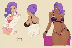 Size: 1203x800 | Tagged: alternate hairstyle, artist:doxy, belly button, big breasts, bikini, bikini babe, black swimsuit, boob window, bra, breasts, brown background, busty rarity, cleavage, clothes, curvy, dark skin, derpibooru import, ear piercing, earring, erect nipples, eyeshadow, female, hair over one eye, human, humanized, jewelry, keyhole shirt, lipstick, looking at you, makeup, nipple outline, piercing, pose, rarity, seductive pose, sexy, sideboob, simple background, stupid sexy rarity, suggestive, swimsuit, tan, thigh gap, thighs, thong swimsuit, towel, tricolor swimsuit, underass, undressing, wide hips, yellow background