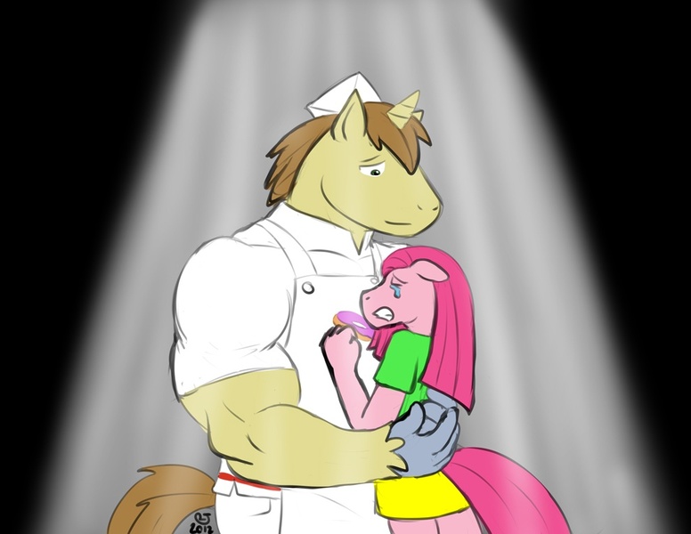 Size: 990x765 | Tagged: safe, artist:caseyljones, derpibooru import, donut joe, pinkie pie, anthro, earth pony, unicorn, crying, female, male, muscles, pinkamena diane pie, pinkiejoe, shipping, straight