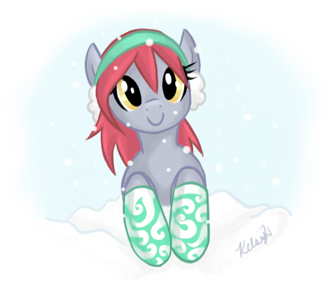 Size: 988x857 | Tagged: safe, artist:viperviolist, derpibooru import, oc, oc:red velvet, unofficial characters only, pony, c:, clothes, cute, earmuffs, female, leaning, looking at you, mare, simple background, smiling, snow, snowfall, socks, solo, transparent background