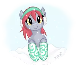 Size: 988x857 | Tagged: safe, artist:viperviolist, derpibooru import, oc, oc:red velvet, unofficial characters only, pony, c:, clothes, cute, earmuffs, female, leaning, looking at you, mare, simple background, smiling, snow, snowfall, socks, solo, transparent background