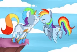 Size: 1024x692 | Tagged: safe, artist:miikanism, derpibooru import, rainbow dash, pegasus, pony, robot, robot pony, blushing, crossover, crossover shipping, eyes closed, kissing, robot unicorn attack