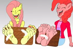 Size: 1028x696 | Tagged: suggestive, artist:drknite007, derpibooru import, fluttershy, pinkie pie, anthro, earth pony, pegasus, breasts, dafuq, female, females only, foot fetish, foot focus, nail polish, not salmon, tickle torture, tickling, wat, what has science done, why, wingless, wingless anthro
