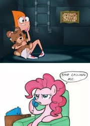 Size: 400x560 | Tagged: candace flynn, crossover, derpibooru import, exploitable meme, meme, panic room, phineas and ferb, phone, phone meme, pinkie pie, safe, stop calling me