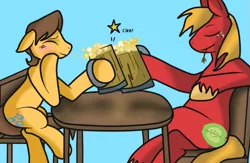 Size: 673x440 | Tagged: safe, artist:cleppyclep, derpibooru import, big macintosh, caramel, earth pony, pony, blushing, caramac, cider, gay, male, shipping, sitting, stallion, table