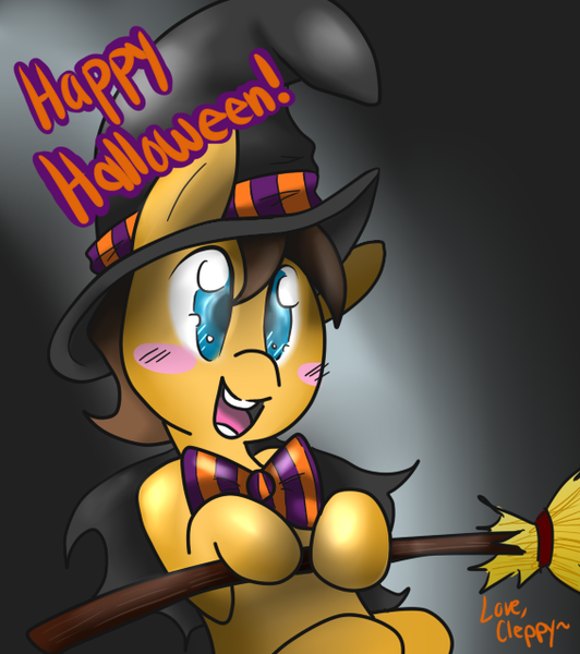 Size: 566x638 | Tagged: artist:cleppyclep, bow, broom, caramel, caramel is awesome, derpibooru import, hat, safe, witch