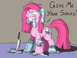 Size: 1000x750 | Tagged: artist:firebrandkun, clothes, derpibooru import, evil grin, knife, messy mane, mouth hold, pinkamena diane pie, pinkie pie, safe, socks