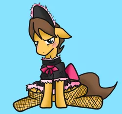 Size: 550x512 | Tagged: artist:cleppyclep, blushing, bow, caramel, clothes, crossdressing, derpibooru import, dress, fishnets, maid, safe, simple background, solo