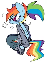 Size: 598x800 | Tagged: safe, artist:grindzone, derpibooru import, rainbow dash, anthro, angry, clothes, hoodie, ponytail, sitting