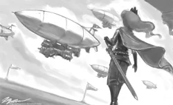 Size: 1400x851 | Tagged: airship, artist:johnjoseco, cape, clothes, derpibooru import, grayscale, human, humanized, military, military uniform, monochrome, princess luna, safe, solo, sword, uniform, warrior luna, weapon