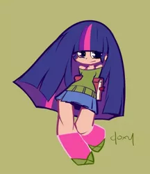 Size: 400x462 | Tagged: arm behind back, artist:doxy, book, clothes, derpibooru import, human, humanized, light skin, long hair, looking at you, panty and stocking with garterbelt, safe, simple background, style emulation, twilight sparkle