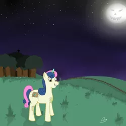 Size: 2000x2000 | Tagged: safe, artist:crisp-da, derpibooru import, bon bon, lyra heartstrings, sweetie drops, earth pony, pony, unicorn, costume, female, halloween, hooves, horn, mare, moon, night, night sky, sky, solo, stars, teeth, tree