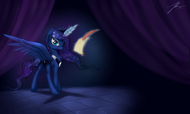 Size: 2500x1500 | Tagged: safe, artist:wreky, derpibooru import, princess luna, magic, quill, solo, telekinesis, wingding eyes