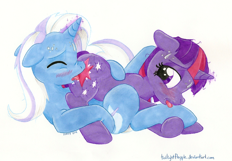 Size: 1148x798 | Tagged: questionable, artist:foxxy-arts, derpibooru import, trixie, twilight sparkle, embarrassed, female, hoof fetish, hoof licking, hooves, lesbian, licking, messy mane, shipping, tongue out, twixie