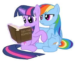 Size: 1203x974 | Tagged: suggestive, artist:ah-darnit, derpibooru import, rainbow dash, twilight sparkle, book, female, lesbian, simple background, transparent background, twidash, vector