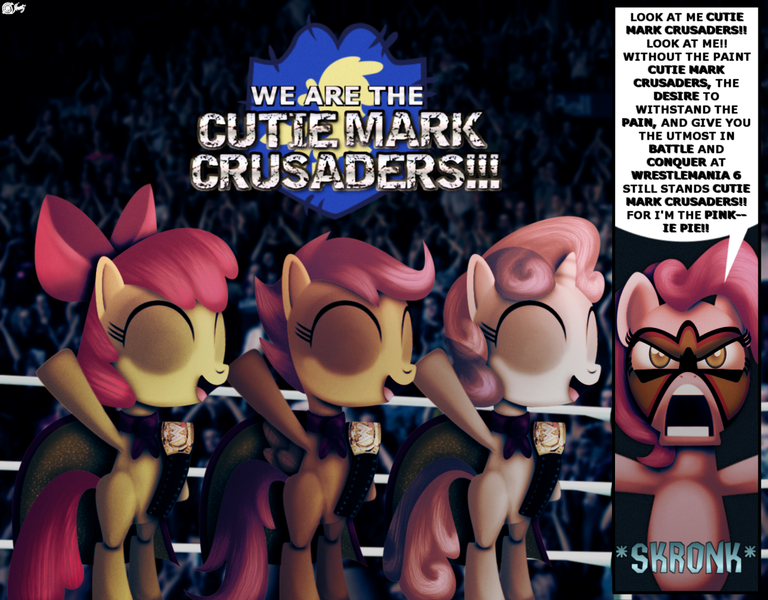 Size: 1280x1000 | Tagged: apple bloom, artist:dcencia, cutie mark crusaders, derpibooru import, parody, pinkie pie, safe, scootaloo, sweetie belle, the ultimate warrior, wwe